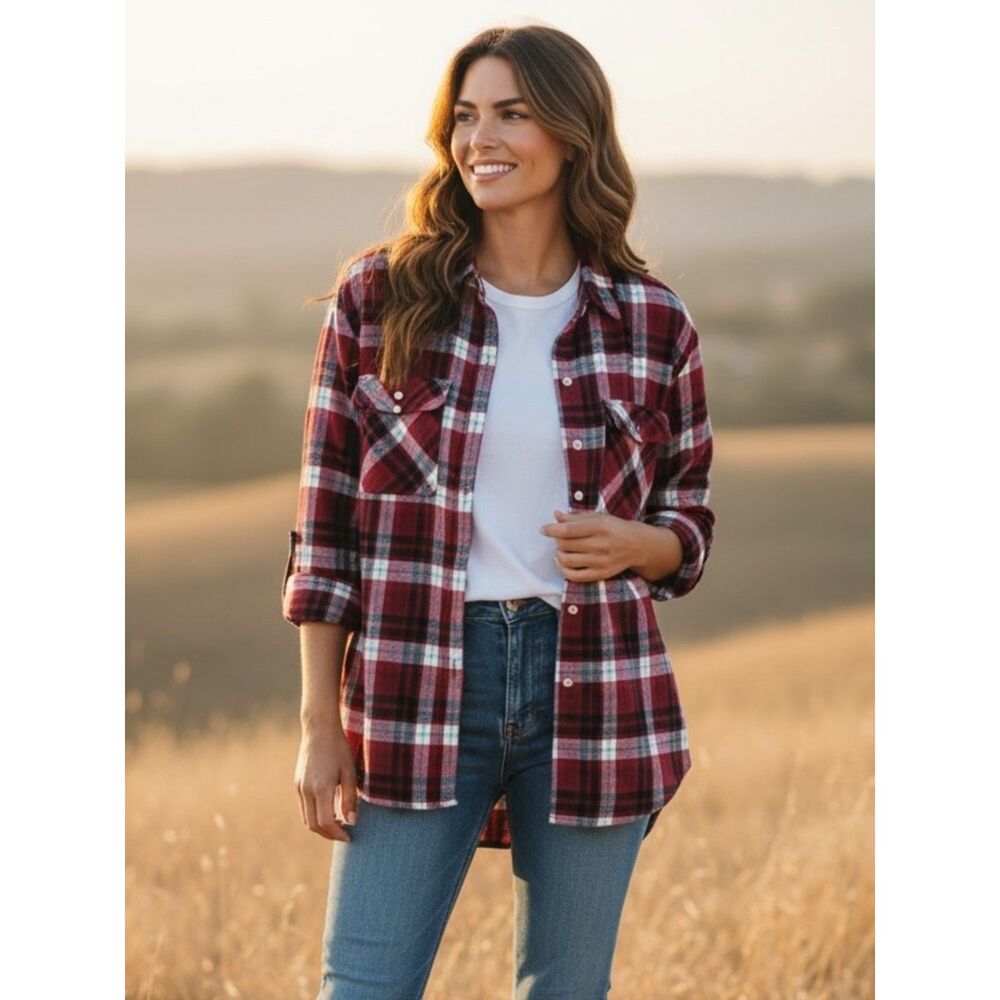 Old Navy Plaid Top Button Popover Shirt Blouse Boyfriend Fit Loose Oversized M